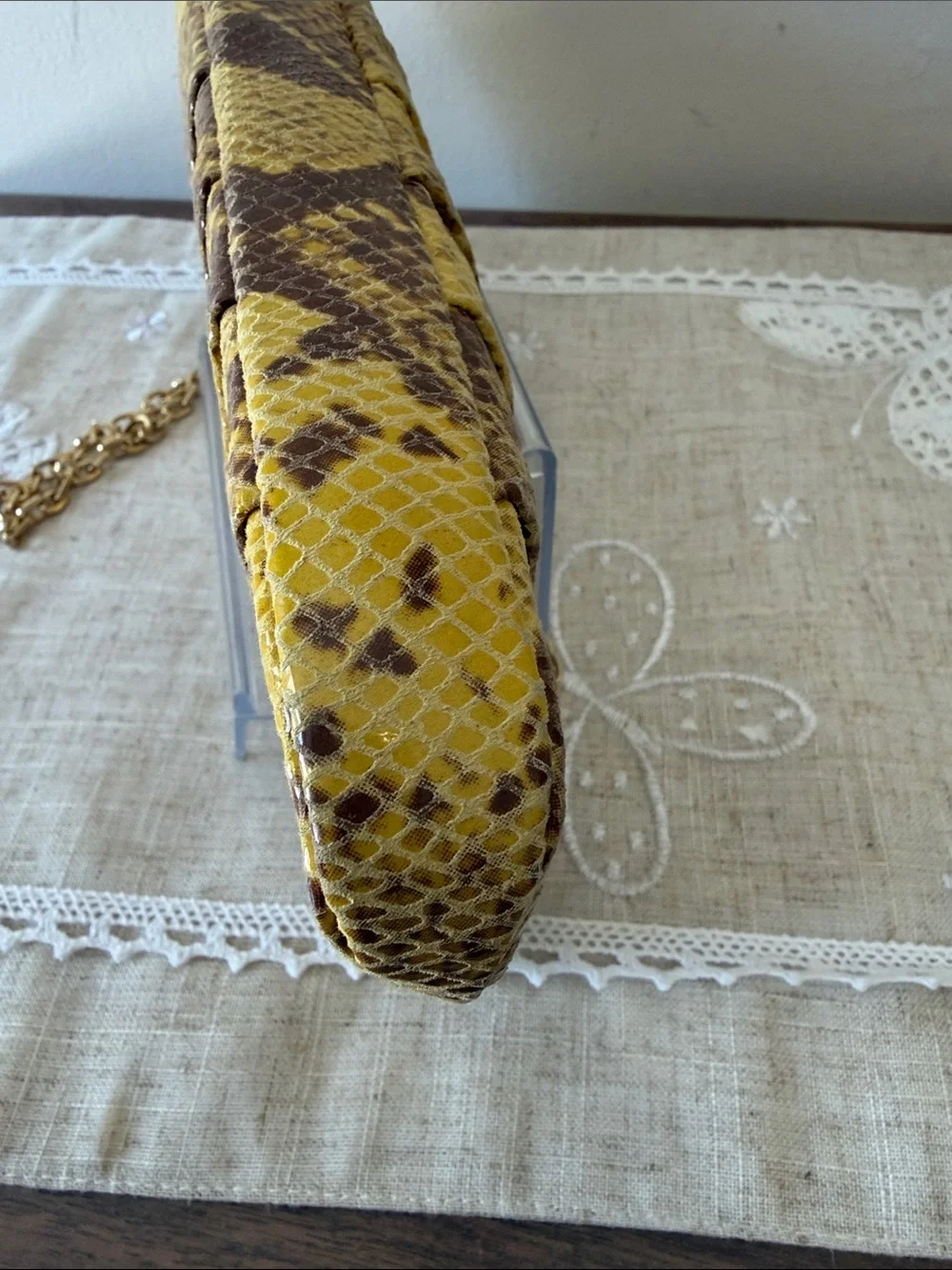 Antonio Melani Yellow/Brown Snakeskin Embossed Pleated Clutch/Shoulder Bag